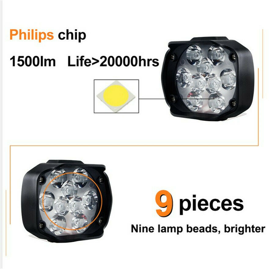 2x Motorcycle Headlight Spot Fog Lights Head Lamp 9 LED Front 15W 1500LM +Switch
