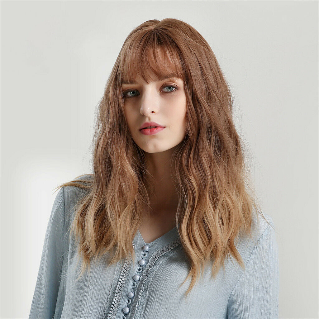 Women Wavy Synthetic Wigs w/ Neat Bangs Golden Brown for Daily Fashion Show