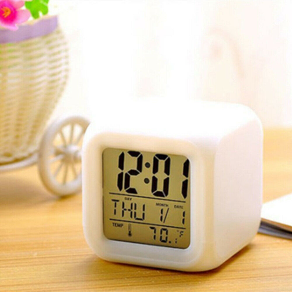 7 Color Glowing Change LED Digital Alarm Clock Thermometer Table Cube Clock Time