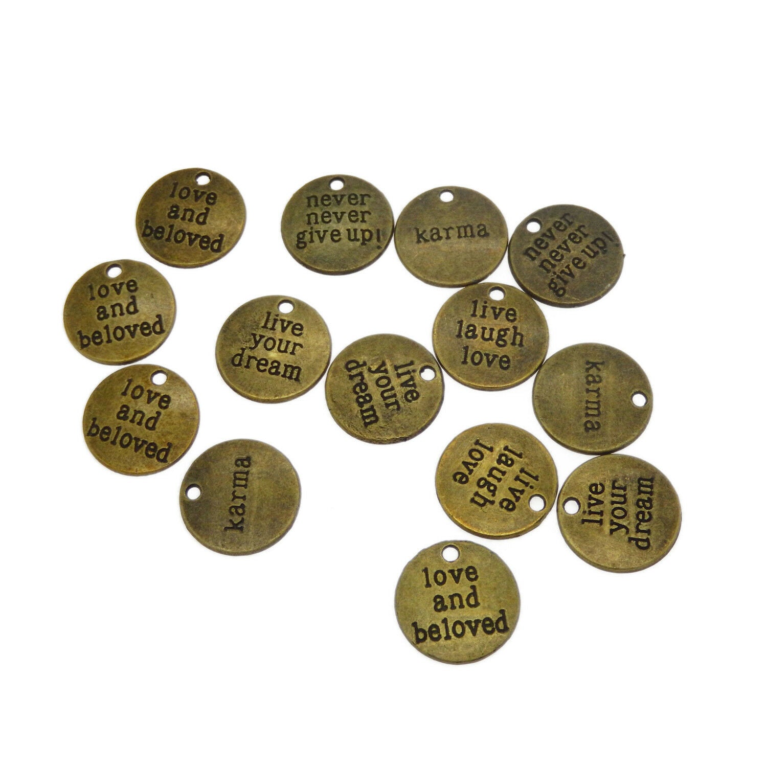 Lot of 5 Mix Antiqued Bronze Metal Alloy Engraved Round Tags Charms Pendants