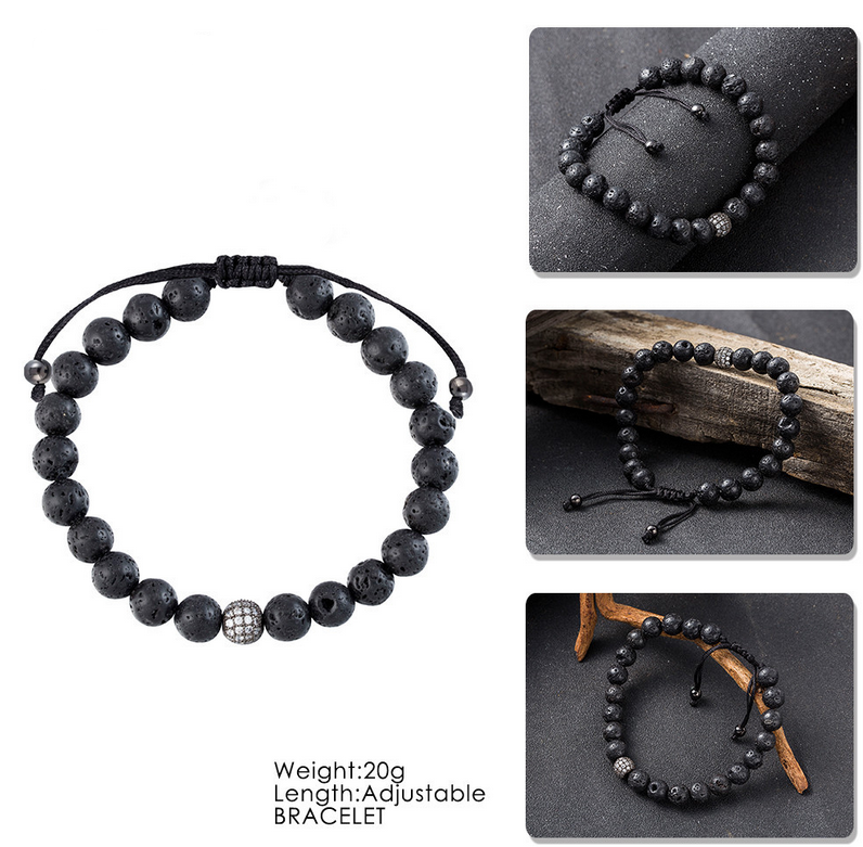 New Fashion Men's Black Volcanic Bracelet Beads Lava Stone Zircon Ball Bracelets