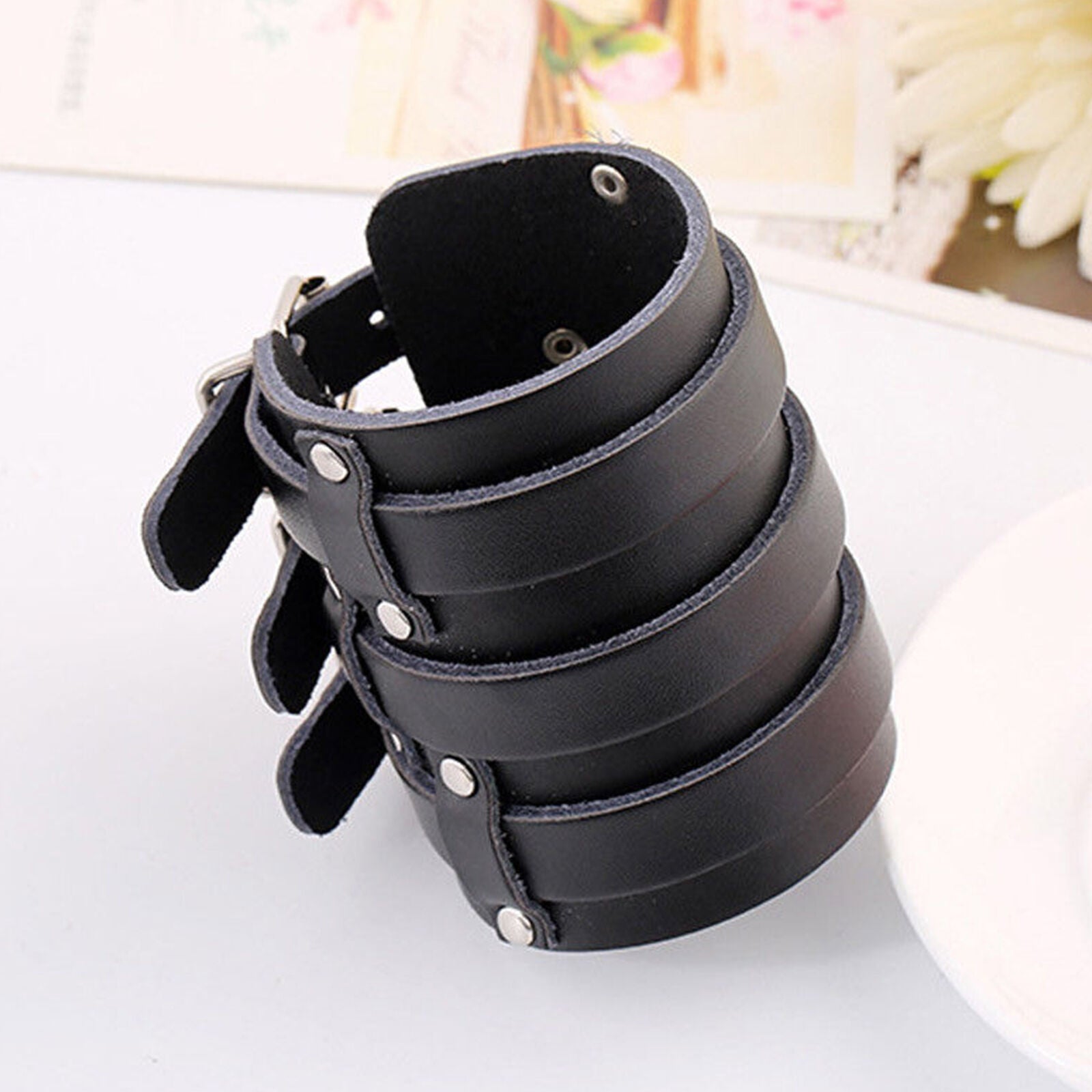 Black Men Women Punk Style Cuff Belt Leather Bracelet Wide Wristband Buckle AU