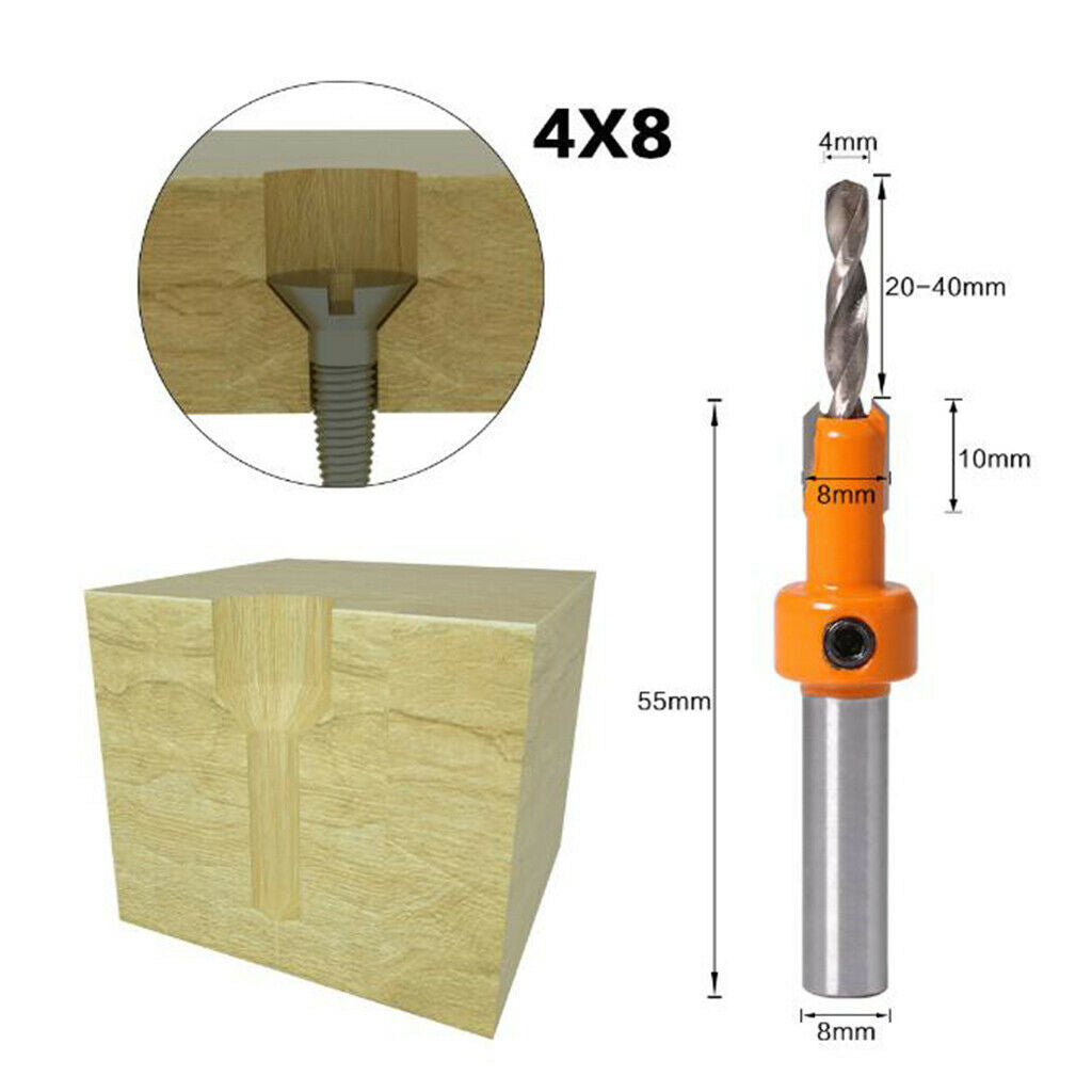 2PCS 8mm Shank Countersink Drill Bits Woodworking Chamfer Counter Bits 4.0mm