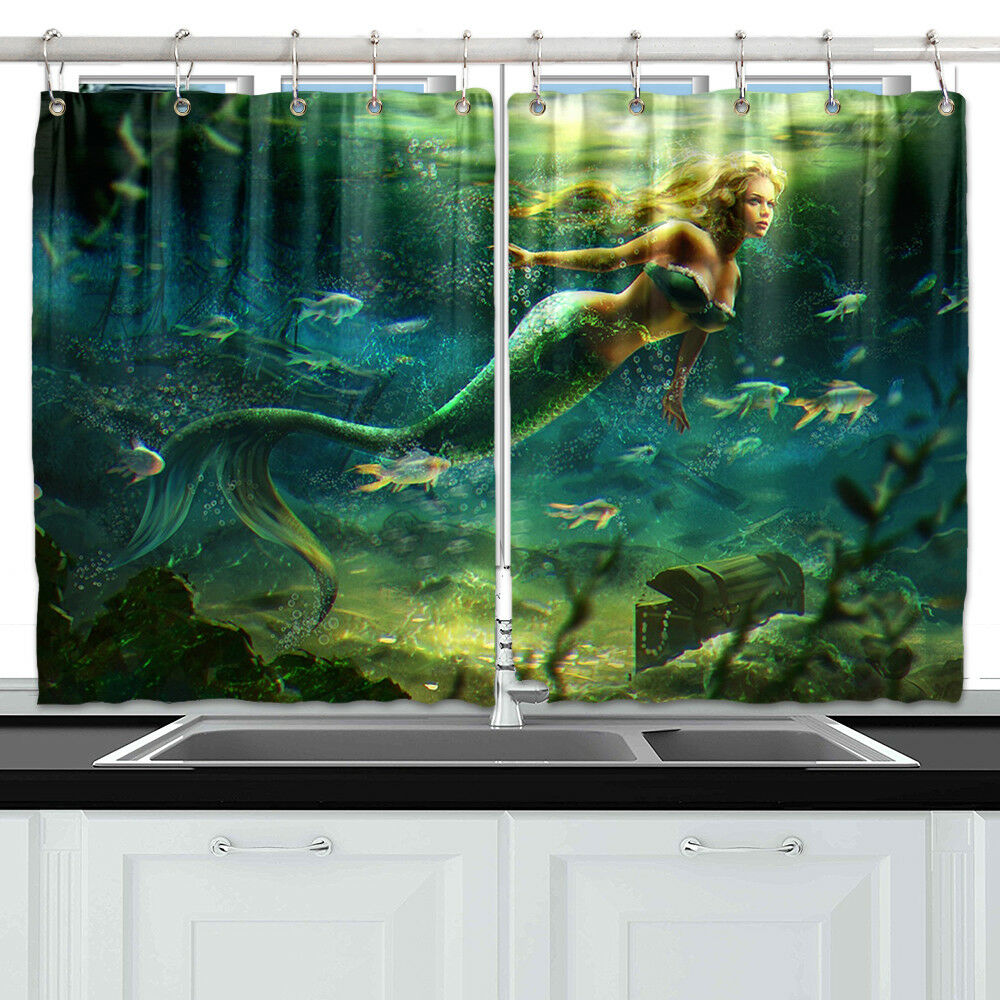 Mermaid in Ocean Window Curtain Treatments Kitchen Curtains 2 Panels, 55X39"