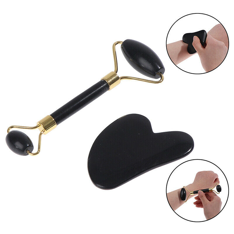 Obsidian Stone Jade Roller Massager Face Lift Gua Sha Set Skin Care Bea NfA BU