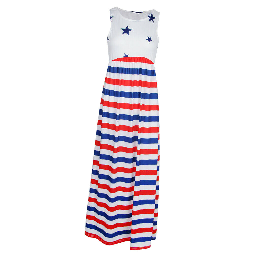 Women Casual Stars and Stripes Prints Sleeveless Maxi Tank Dress M Style 1