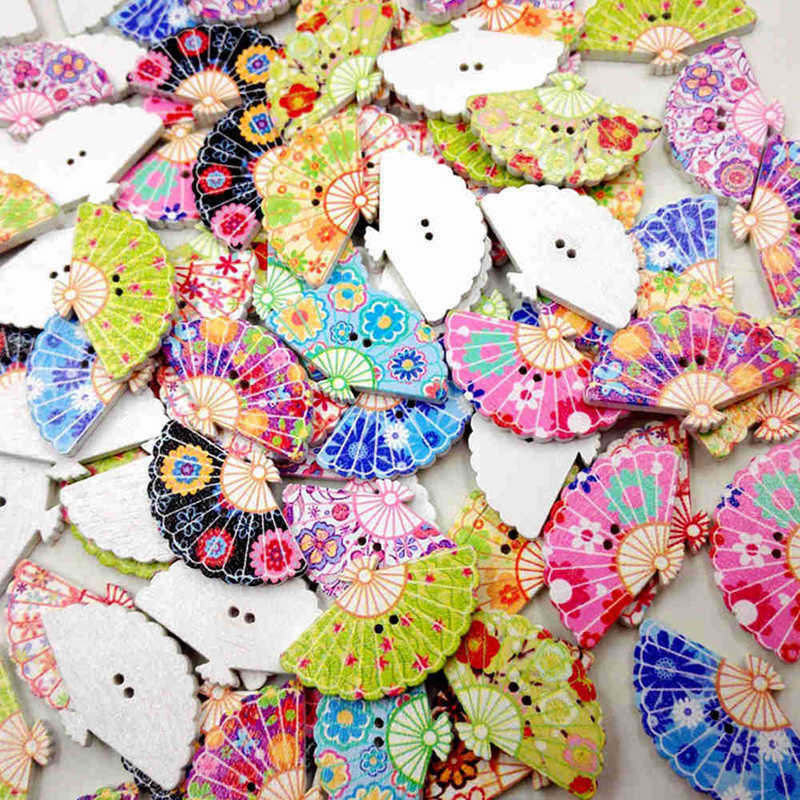 50pcs Fan Shape Wood Buttons Retro Ethnic Floral Sewing Crafts DIY Novelty Retro