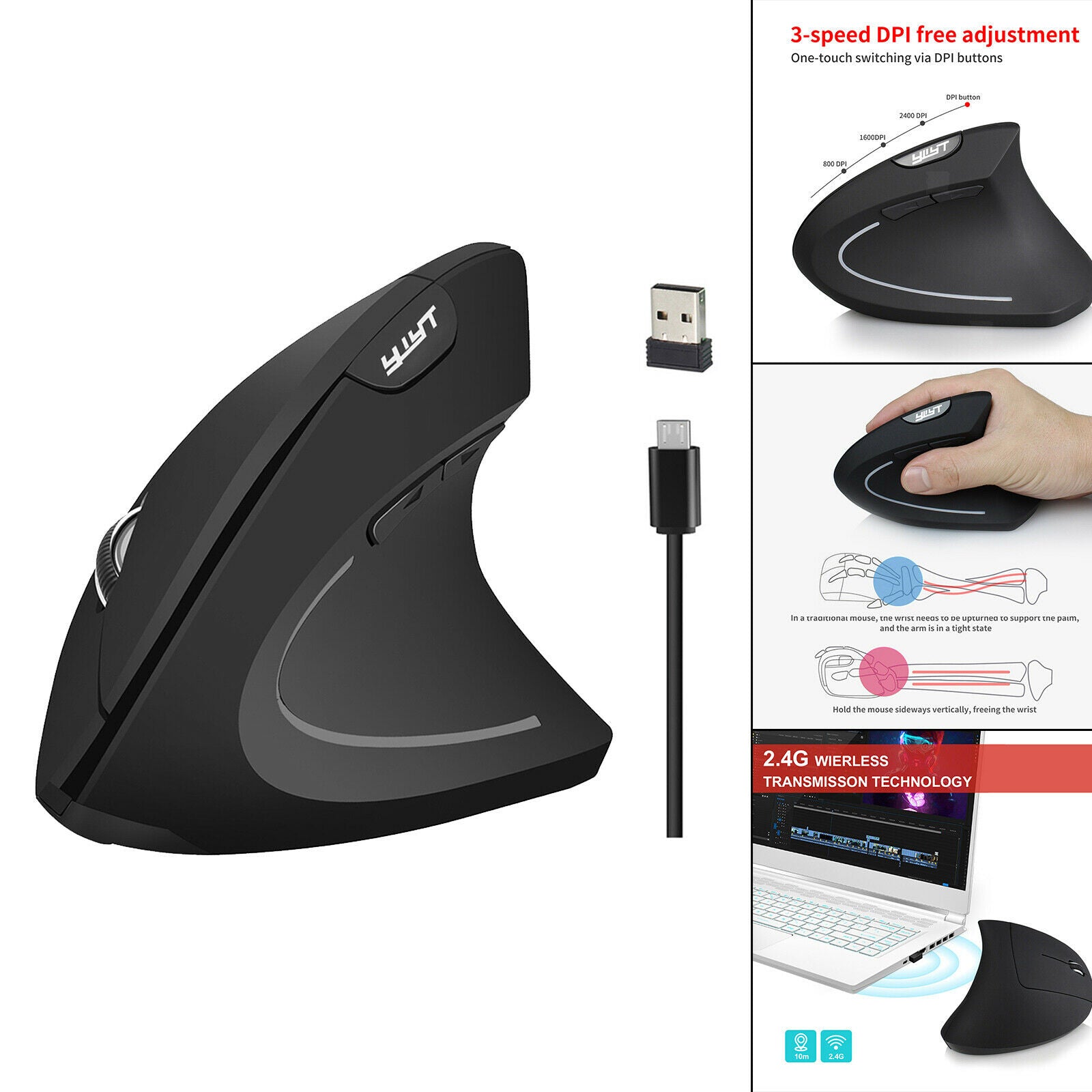 Wireless Vertical Mouse USB Mice Ergonomic Game Mouse for Office Home Black