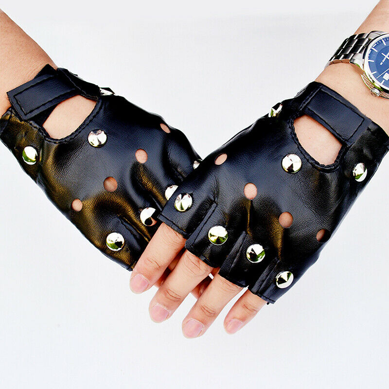 Unisex Fingerless Driving PU Leather Gloves Motor Cool Rivet Disco Dance RocFCA