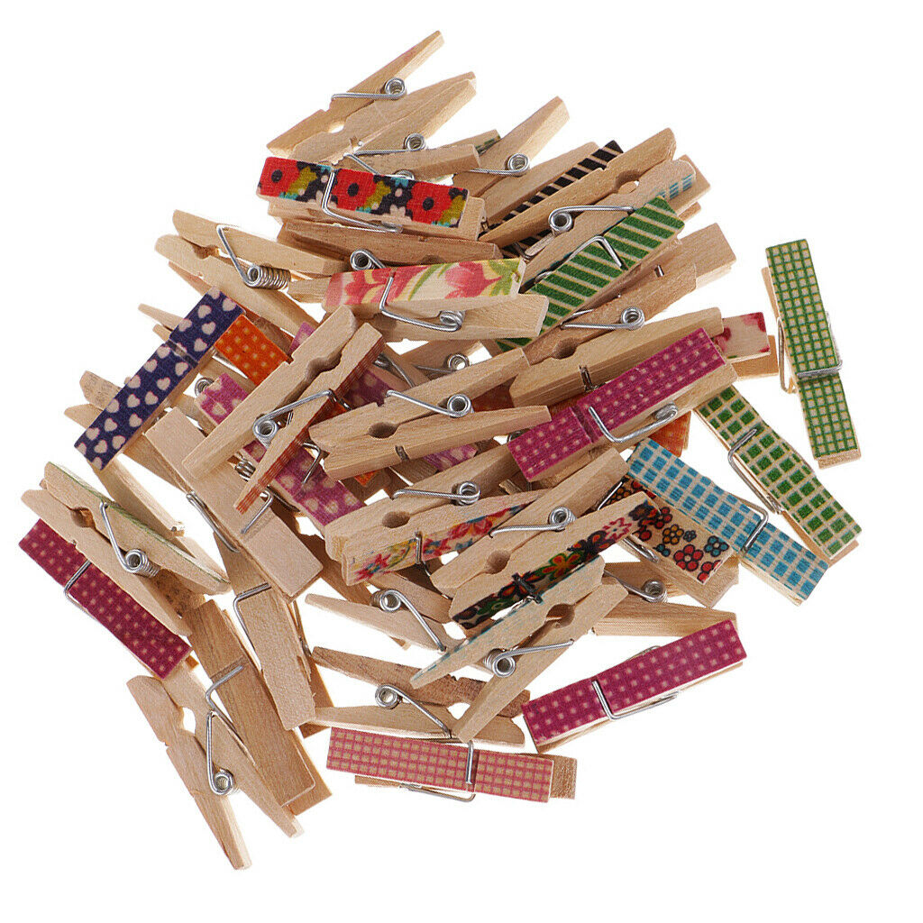 50X Home /Office Display Patterned Clothespins Wooden Photo Paper Peg DIY