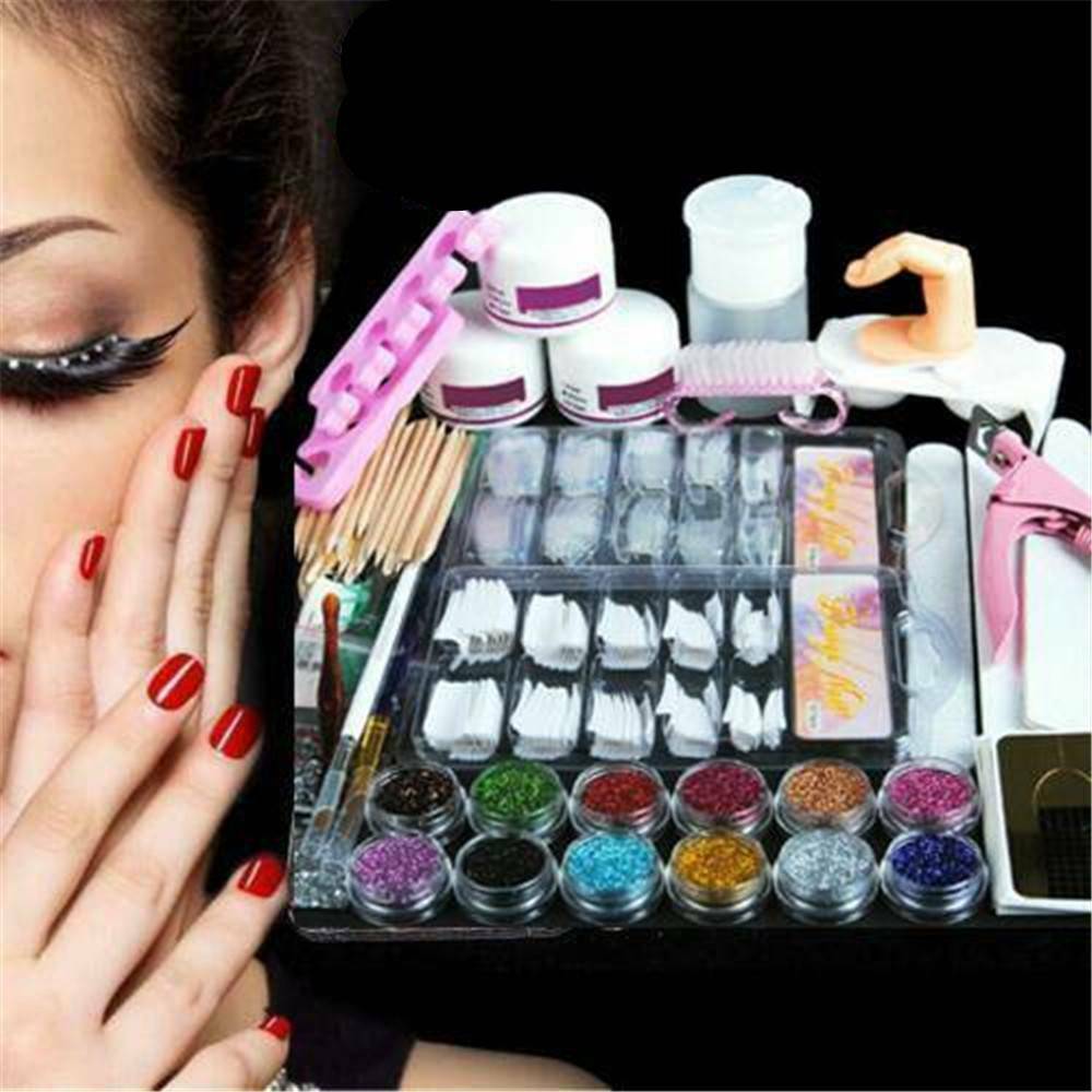 1 Set Full Acrylic Powder Nail Art Tool Set Tips Brush Manicure Tool Kit Lot ~
