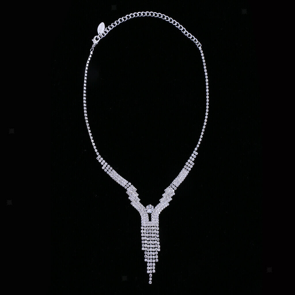 Ladies Rhinestone Tassel Necklace & Earrings Set Wedding Party Bridal Jewelry