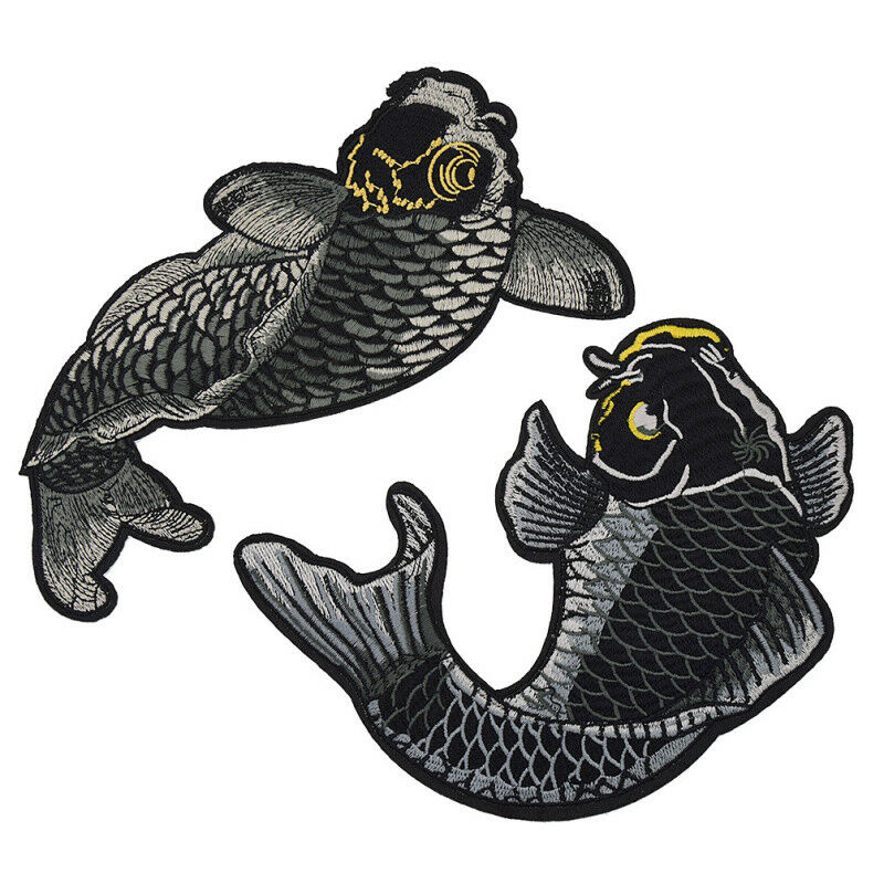 2 Pcs Koi Fish Japanese Sew Iron On Patches Embroidered DIY Applique Black Carp