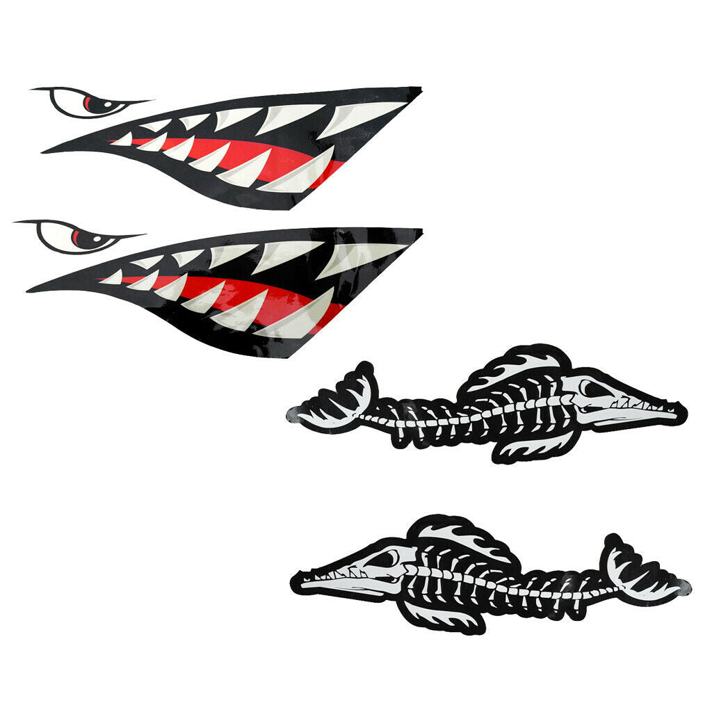 4 Piece Shark Teeth Mouth with Fish Skeleton Decals Stickers for Kayak Boat