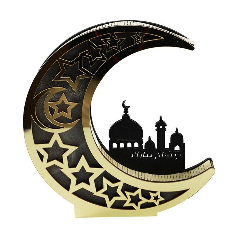 Wooden Eid Mubarak LED Light Ramadan Kulbang Mirror Golden Moon Castle HolloR5Q4