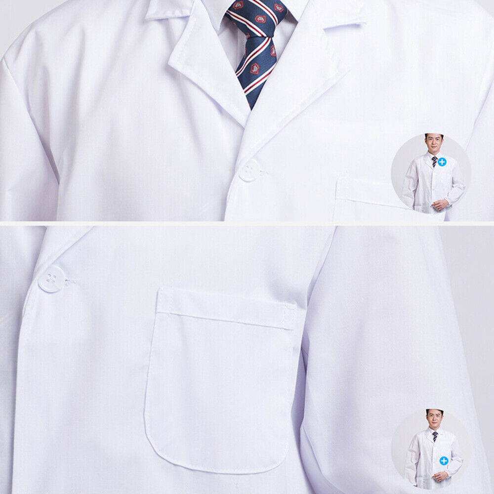 Womens Mens White Lab Coat Scrub Medical Doctors Lapel Collar Jacket Hospital
