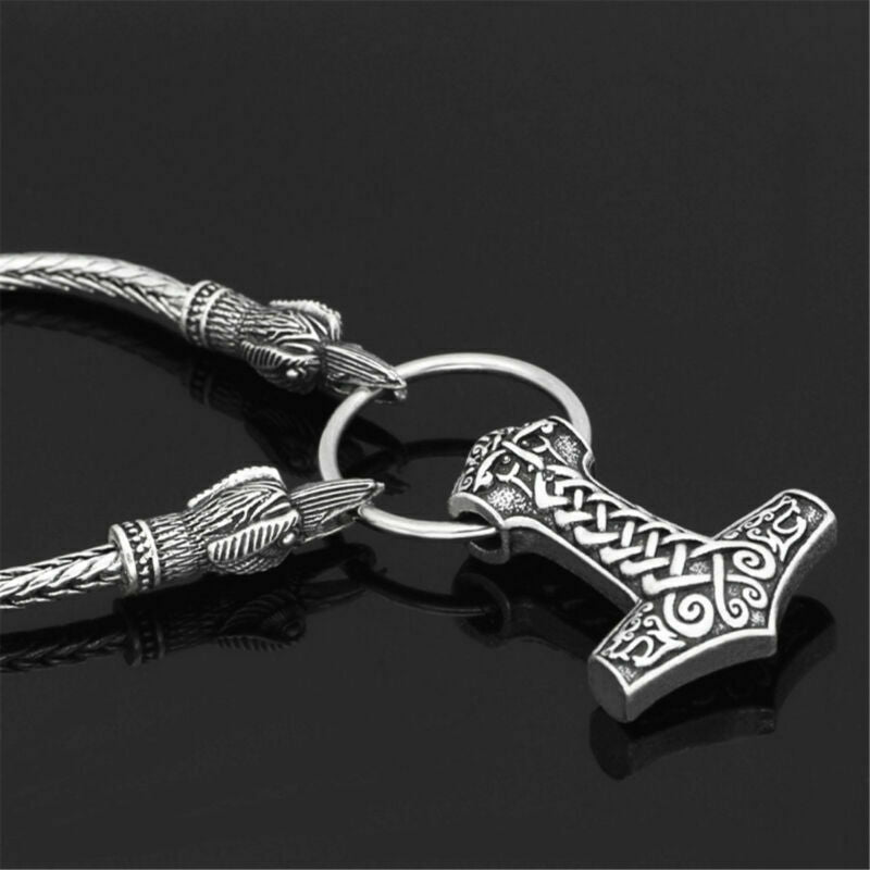 Men's Norse Viking Odin's Crow Chain&Thor Hammer Mjolnir Pendant Necklace Gift