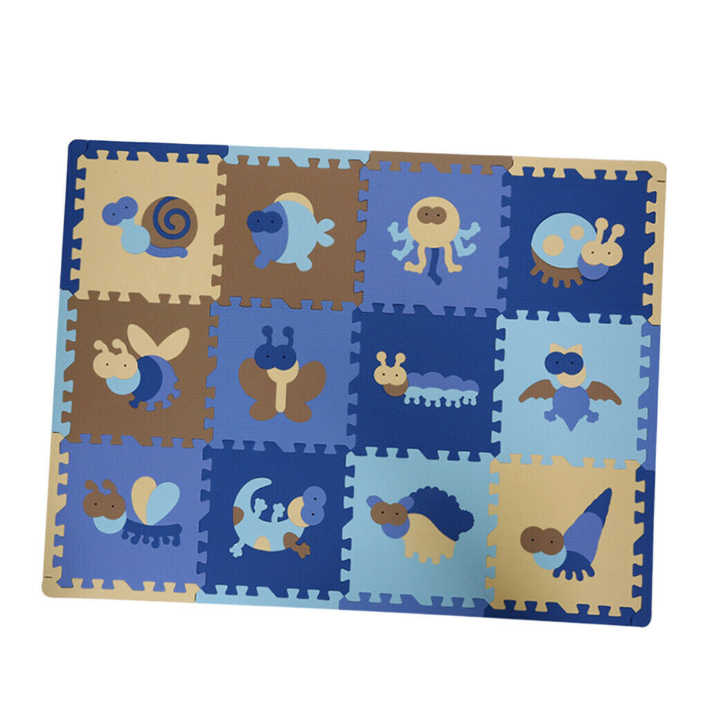 12Pieces Foam Puzzle Exercise Mat Interlocking Floor Tiles insect Blue