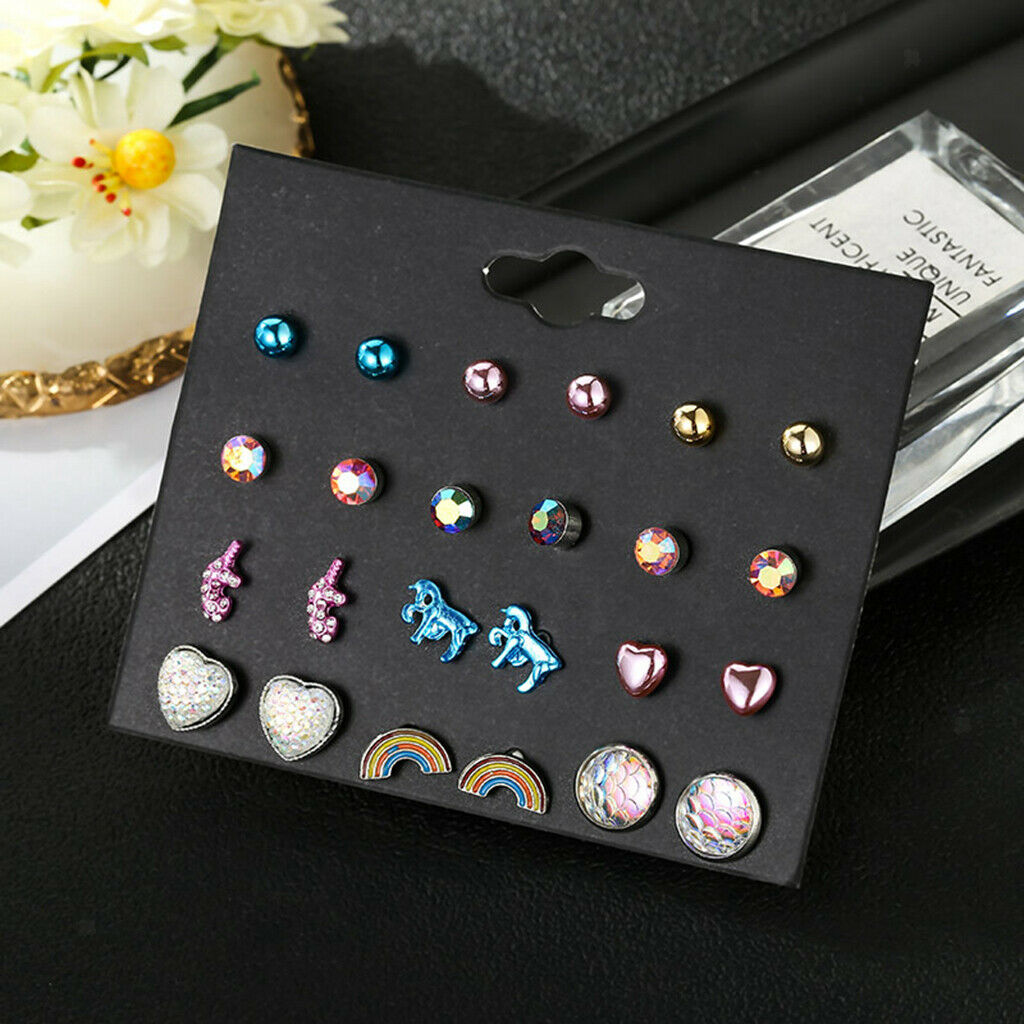 12 Pairs Set Girls Cute Animals Heart Rainbow Unicorn Stud Earrings Set