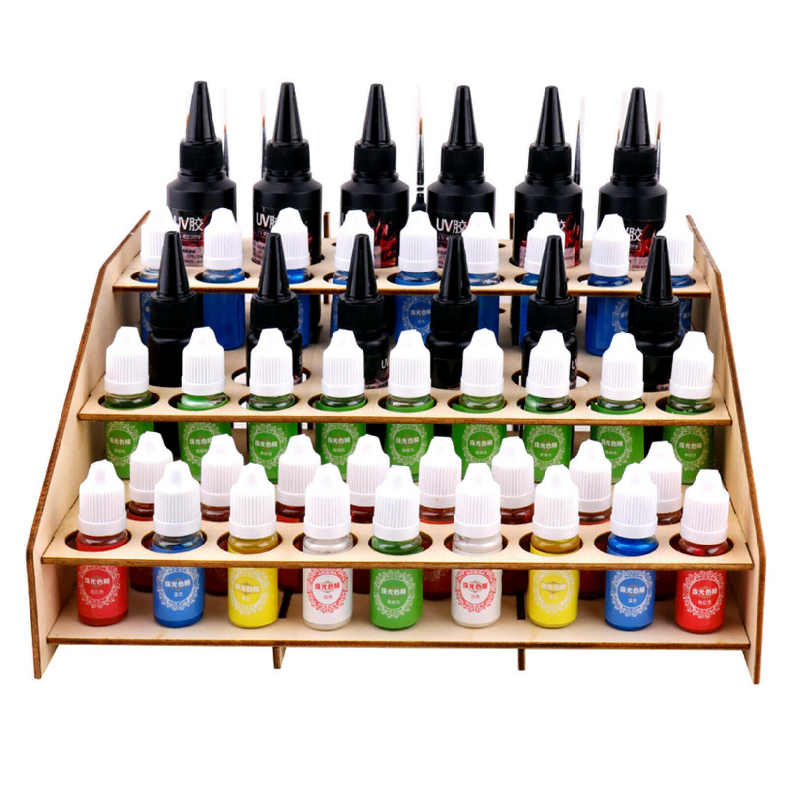 64-Holes Paint Bottle Rack Modular Organizer Wooden Storage Stand Holder