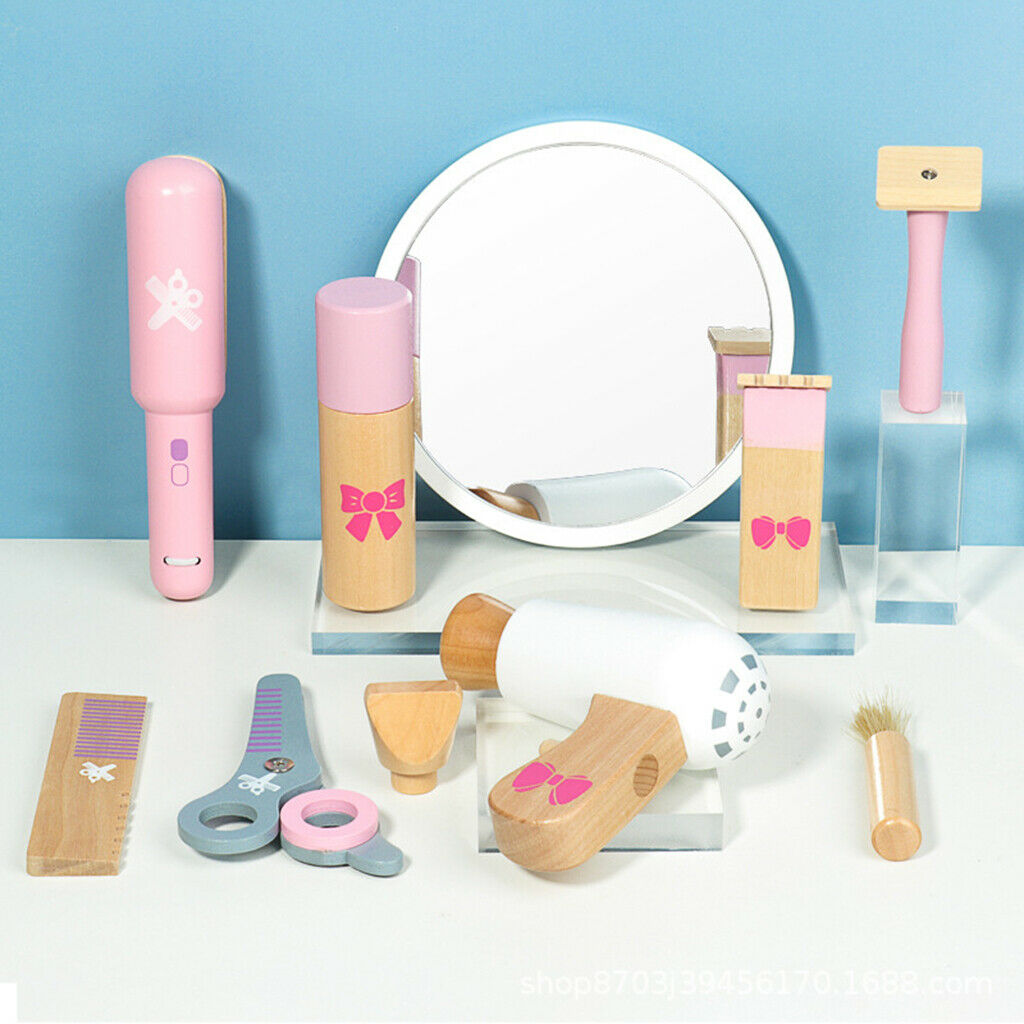 Wooden Pretend Play Toys for Girls Makeup Playset Hairdresser Kit Gift