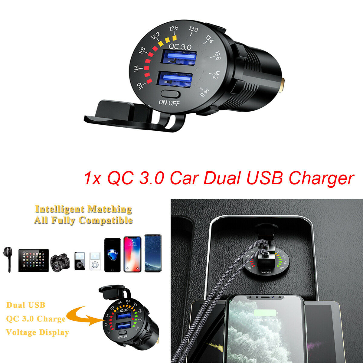 1PC QC 3.0 Car Dual USB Charger Adapter Black W/ LED Voltmeter Switch Waterproof