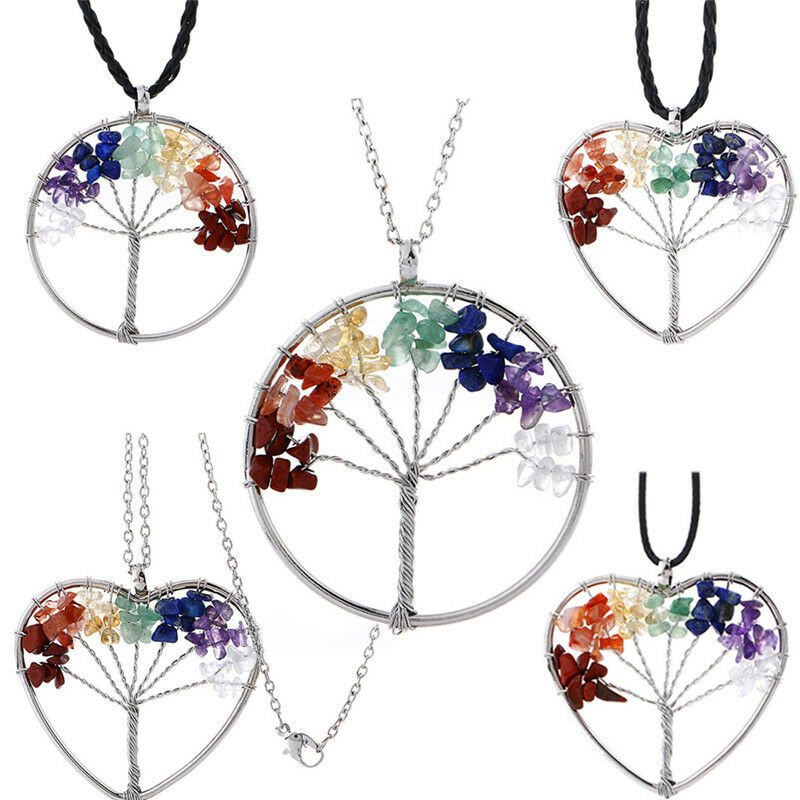 7 Chakra Healing Tree Of Life Pendant Necklace Crystal Natural Stone Neck.l8