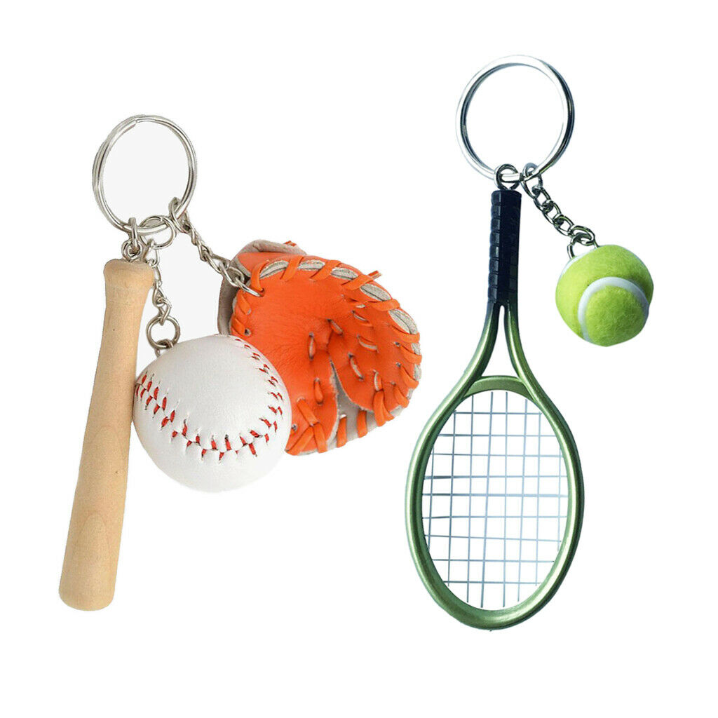 2 Pieces Cute Baseball Tennis Ball Racket Keychains Sport Spit Keyring Gift