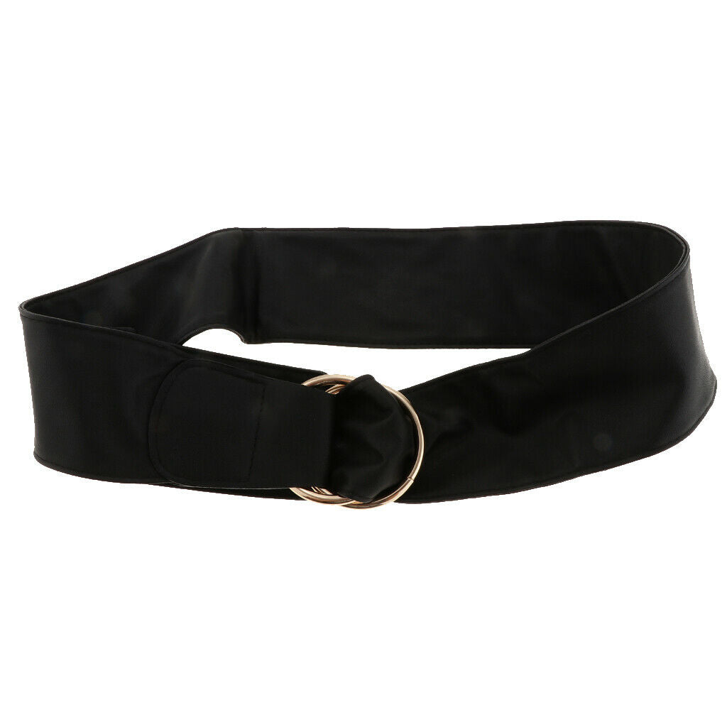 Women Girdle Double Round Buckle Waistband Retro PU Leather Belly Belt Black