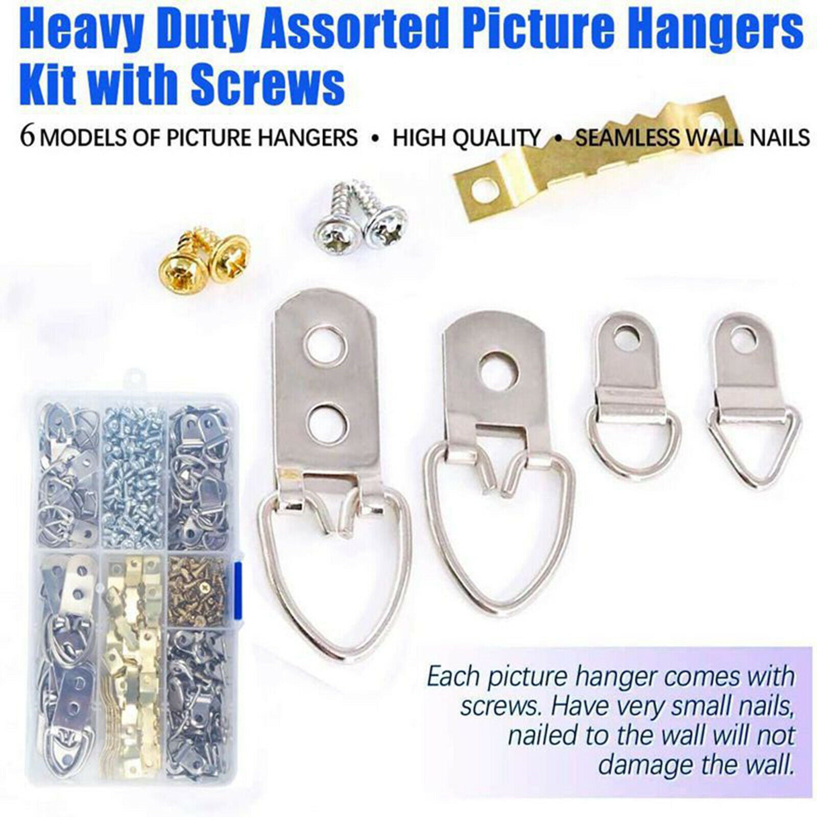 270Pack Assorted D- Picture Frame Hangers Heavy Duty Art Hanging Hooks