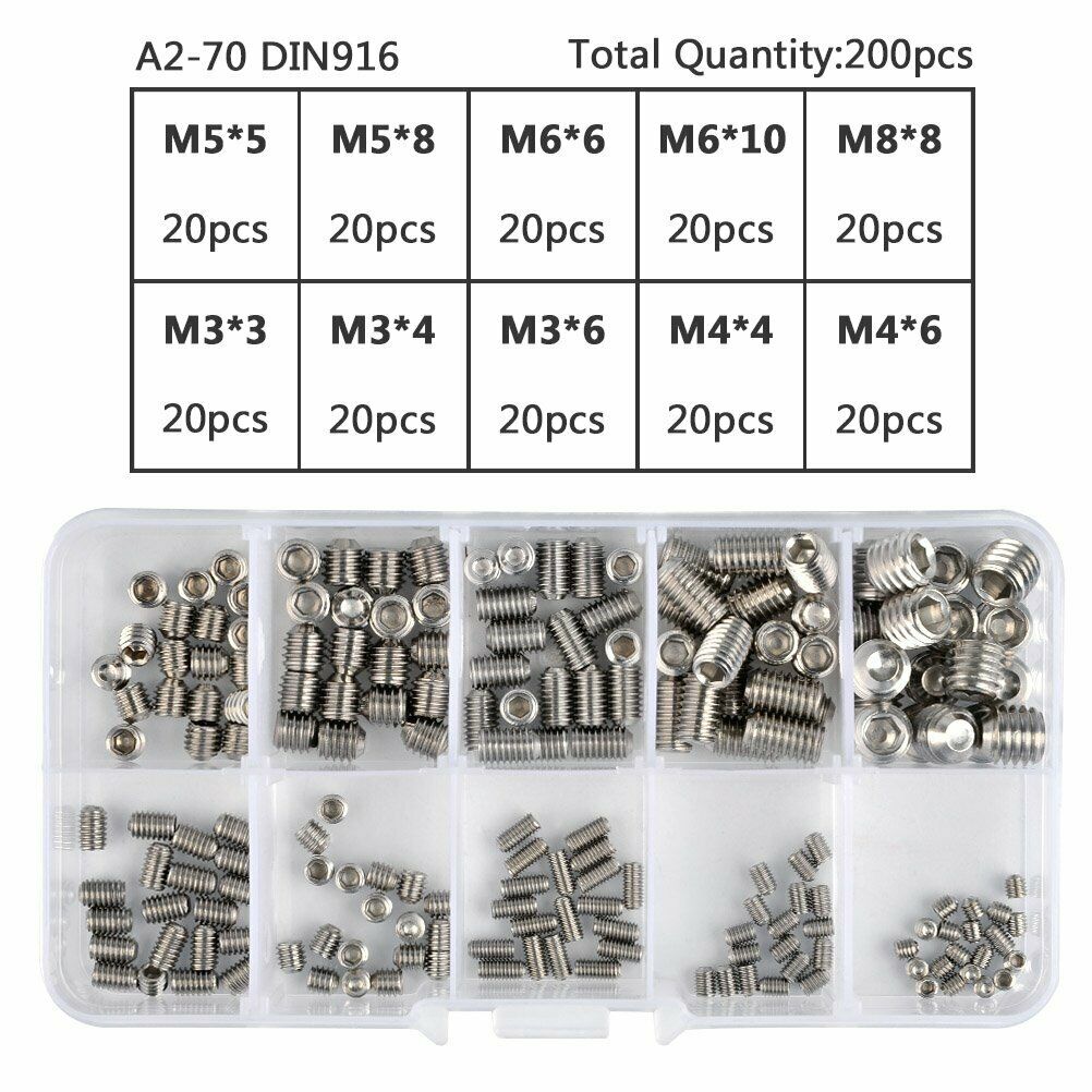200 Pieces M3 M4 M5 M6 M8 Screw Set Hex Socket Set Screws Assortment Kit  Metric