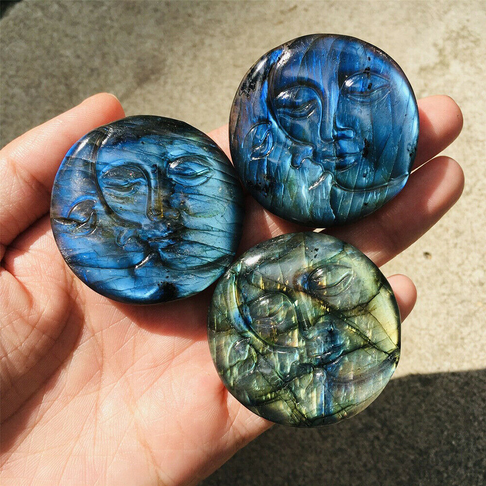 Natural Moon Sun Kiss Face Labradorite Crystal Carved Rainbow Healing Decoration