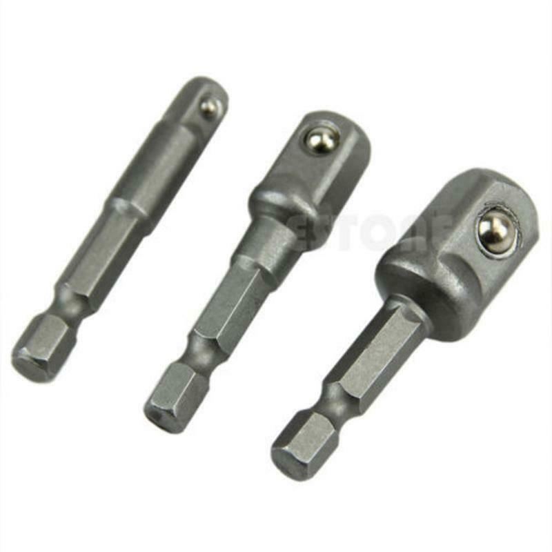 Easy Use 1/4" 3/8" 1/2" Steel Drill Bit Bar Hex Socket Driver Shank Adapter Set