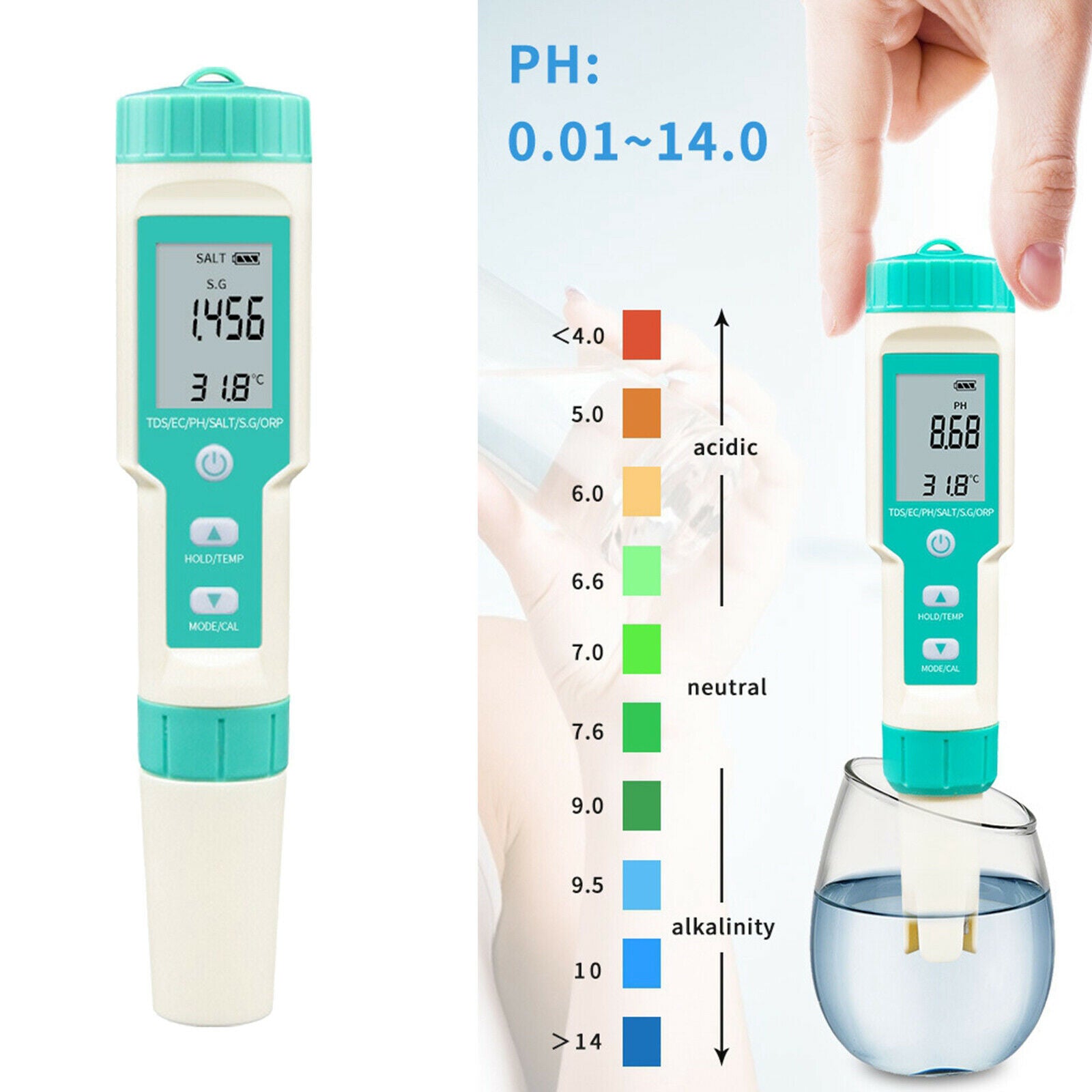 Water Quality Test Meter PH TDS TEMP EC SG ORP Temperature 7 in 1 Measures