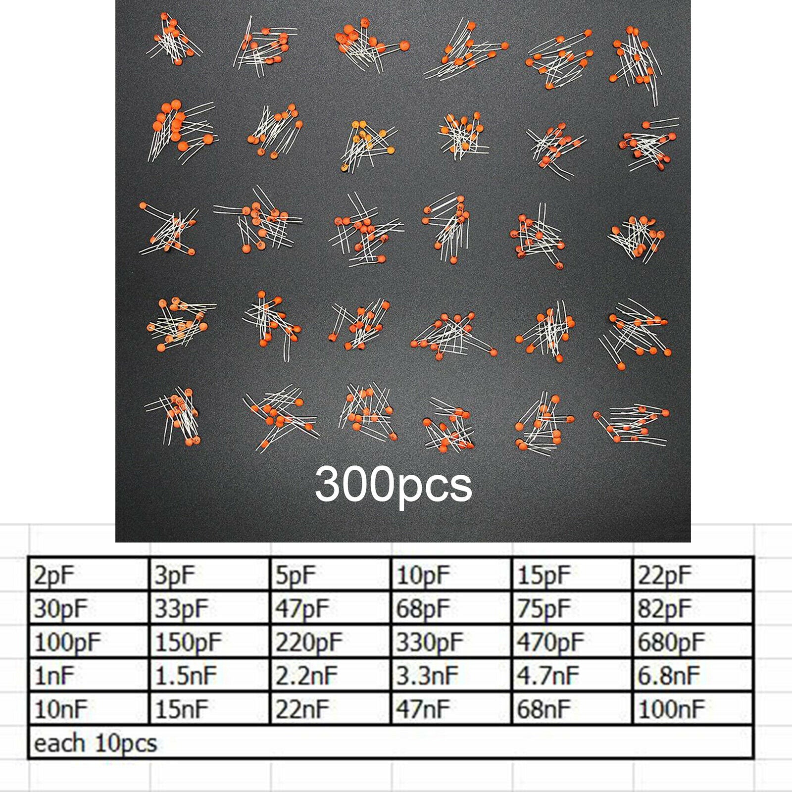 300pcs Ceramic Capacitor Assortment Set 2PF-0.1UF 30 Values in Separate Bags