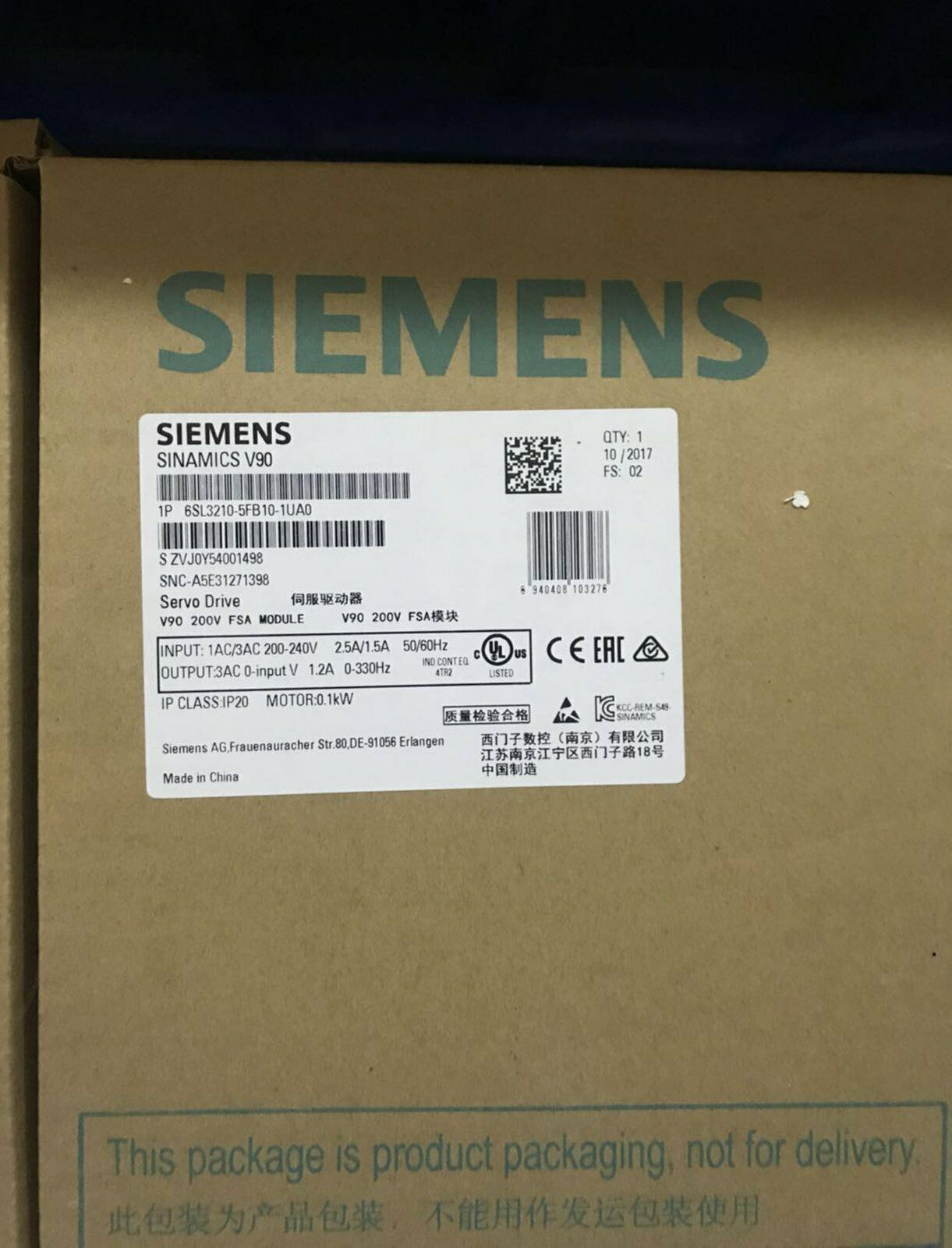 New Siemens 6SL3210-5FB10-1UA0 Servo Drive 6SL32105FB101UA0 one year warranty