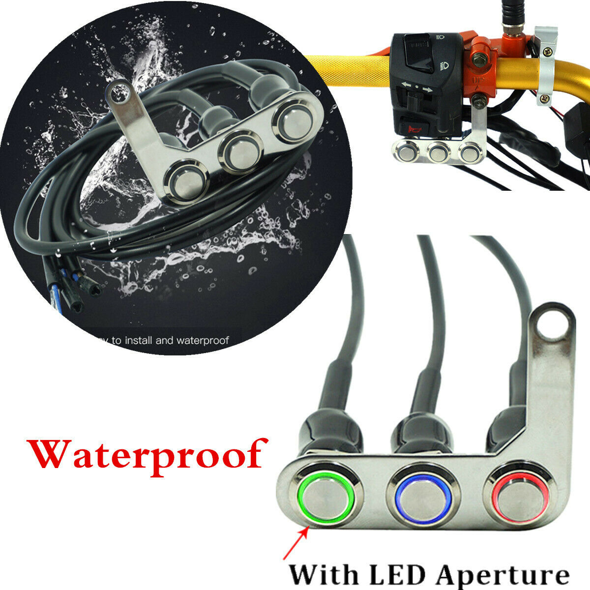 Water Resistant Left Side 3 Button Motorcycle Switch Momentary +Latching Action