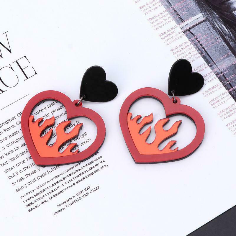 Acrylic Red Heart Fire Dangle Earrings Pendant Statement Women Fashion Jewelry