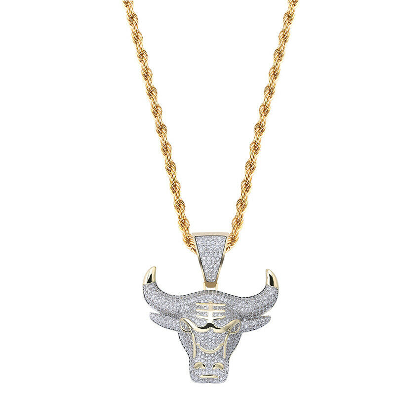 Hip Hop Fashion Full Rhinestone Bull Head Pendant Necklace Stainless Steel Ch Qx