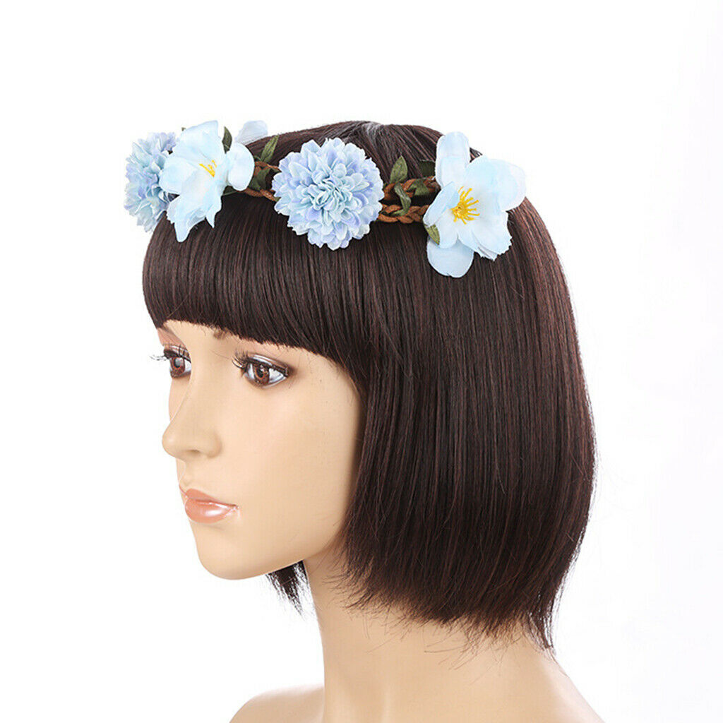 Sweet Baby Blue Flower Leaf Garland Hairband Bridal Wreath Elastic Headband