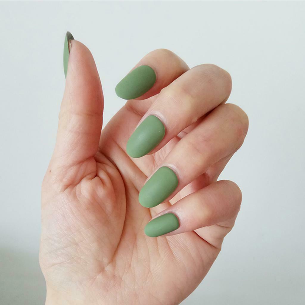 24Pcs Matte Ballerina Pure Color Full Cover Short False Nails Art Tips Green