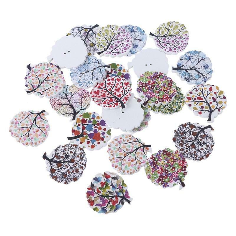 25 Pcs Painted Tree Cartoon Wooden Sewing Buttons Bulk Assorted Cute Pattern