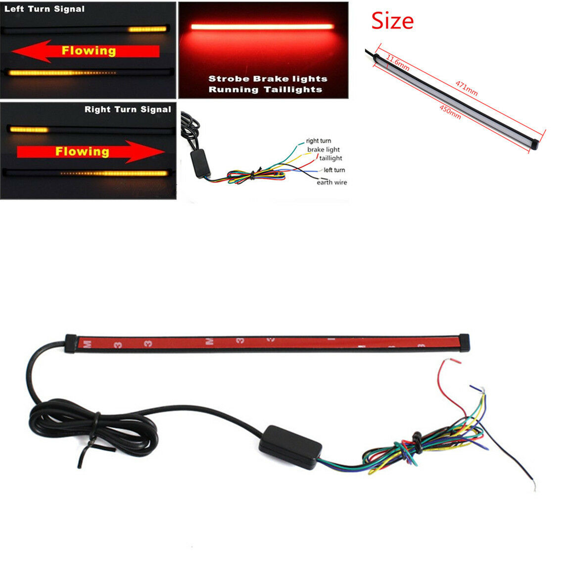 45CM Motorcycle Switchback Flowing LED Turn Signal Brake Light Stripe Taillight