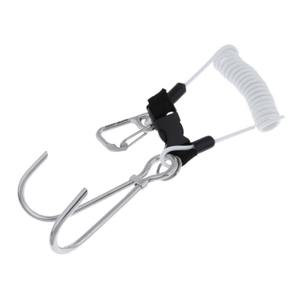 Scuba Diving Stainless Steel Dual Reef Hooks w/Spiral Coil Lanyard White