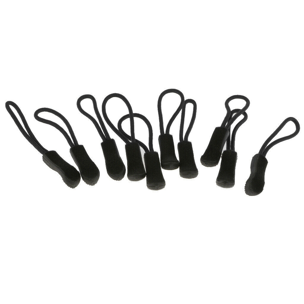 10pcs Zipper Pulls Replacement Zip Cord Puller Slider for Clothes Bags Black