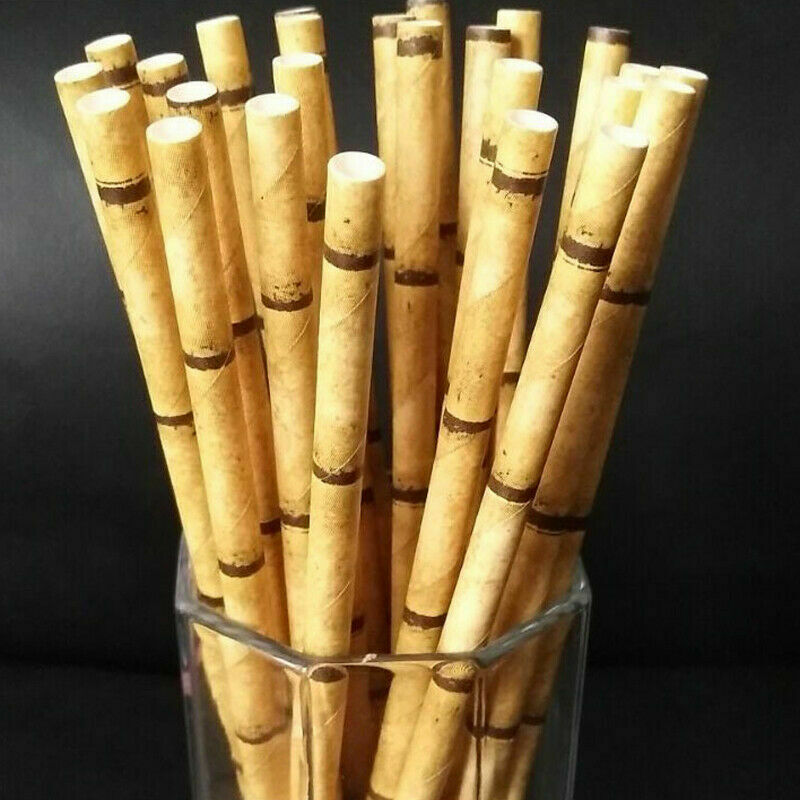 25pcs Paper Straws Bamboo Print Straws Hawaiian Jungle Tropical Bamboo Pr.l8