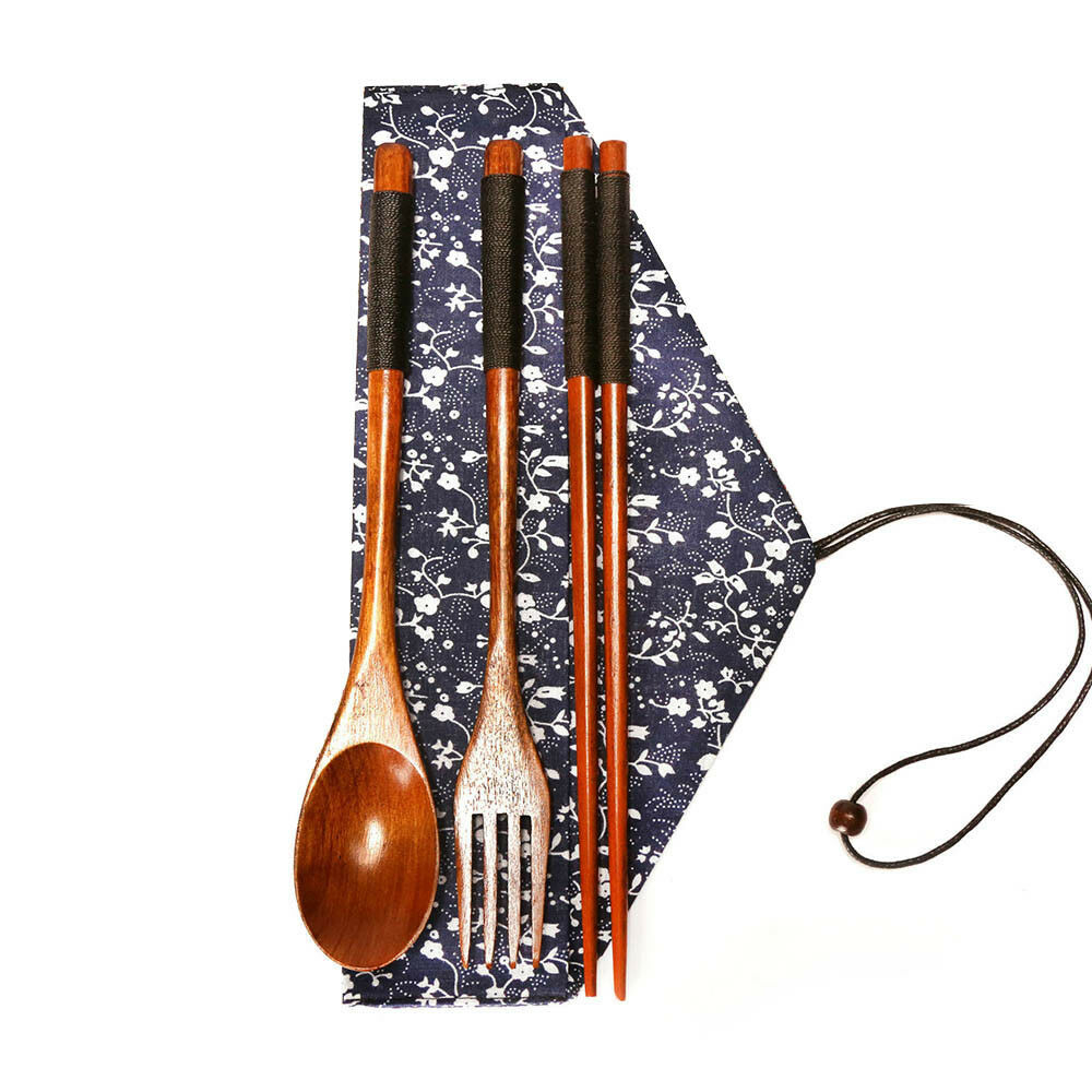 Portable Wooden Kitchen Spoon Fork Chopsticks Eating Drinking Flatware Set