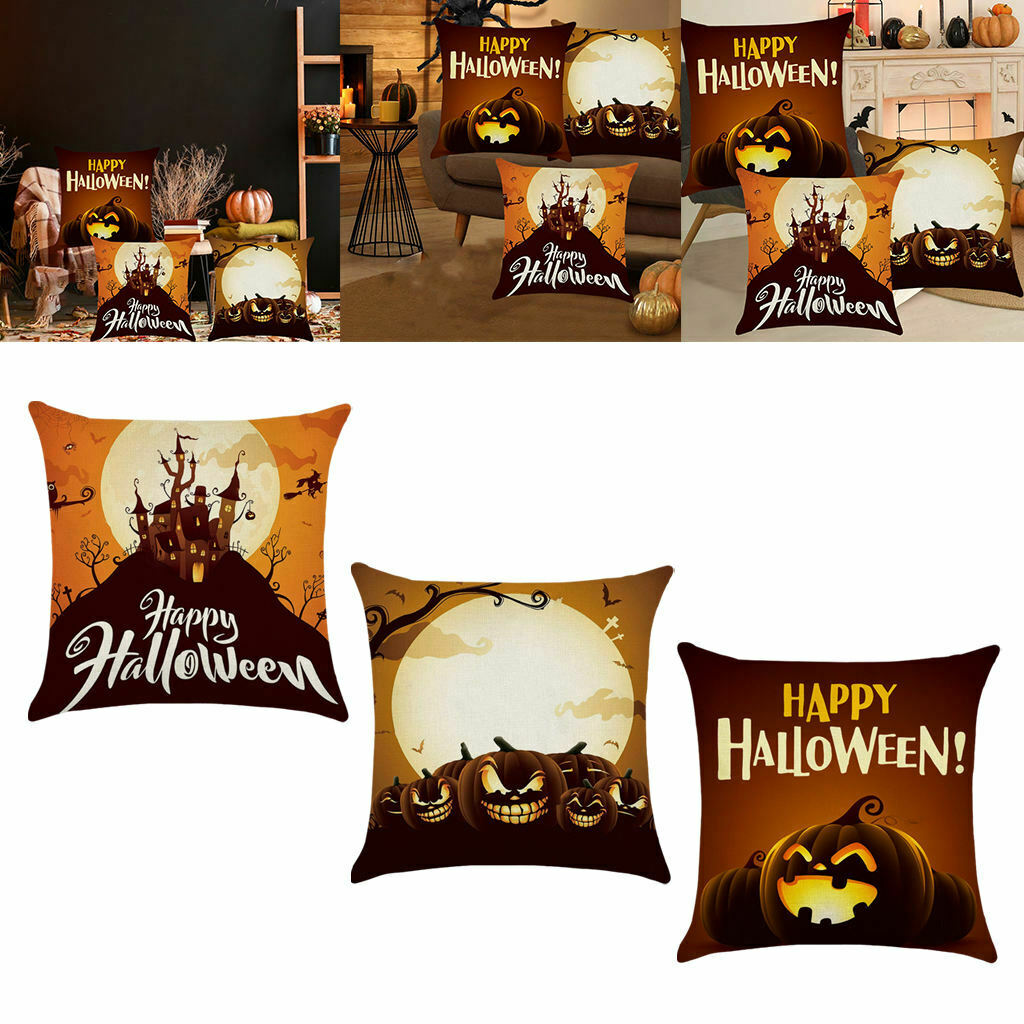 3pcs Soft Linen Pillowcase Halloween Lantern Bedroom Living Room Decor Brown
