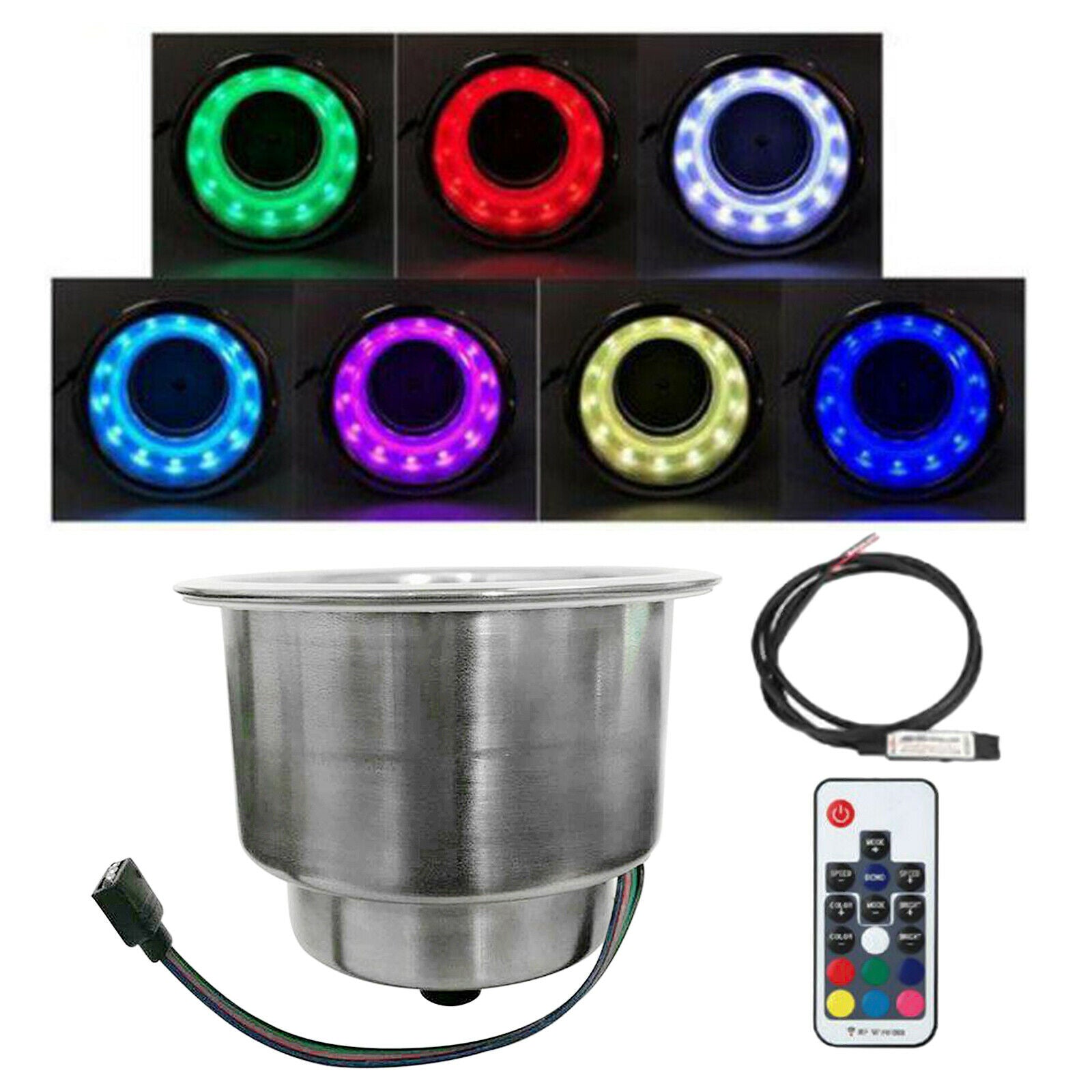 RGB LED Light Stainless Steel Drink Cup Holder Remote for Marine Boat Car