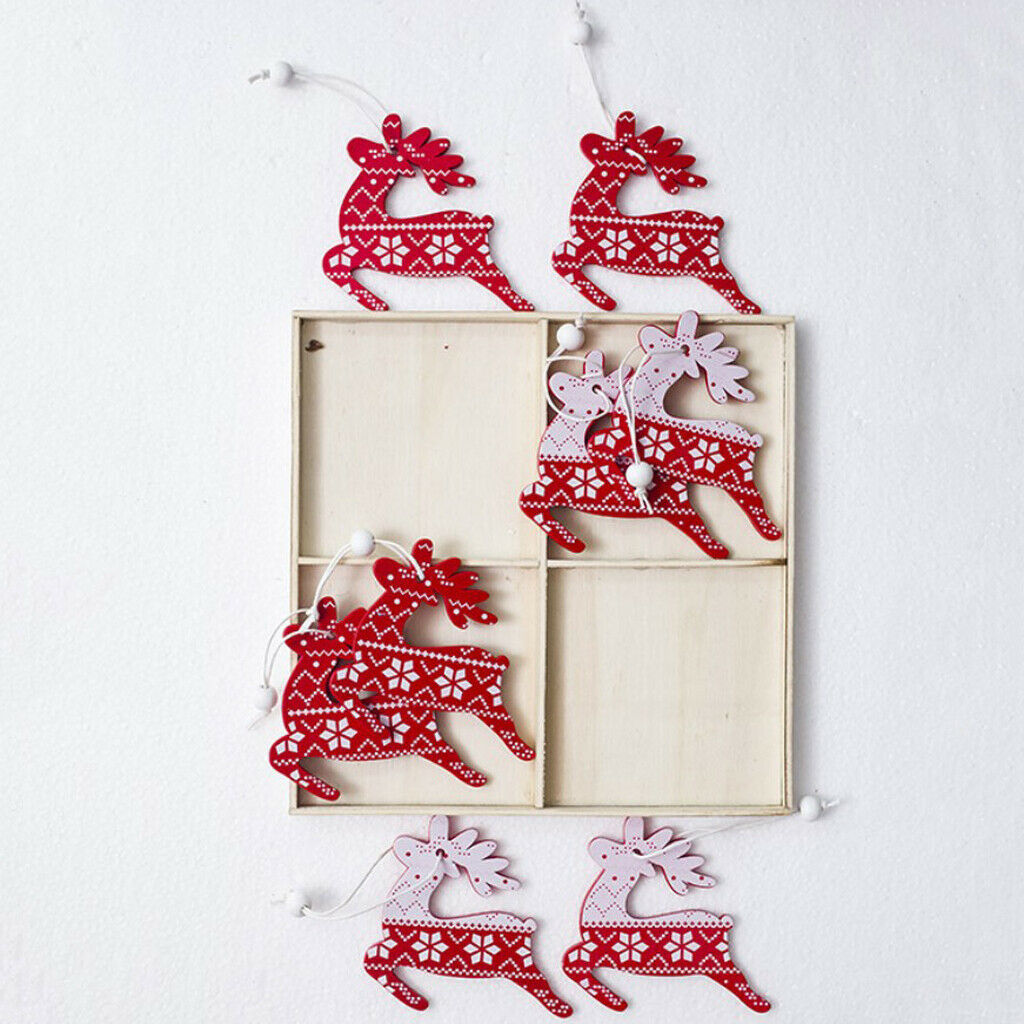 12pcs Christmas Elk Wooden Hanging Tags With Jute Twine In Box Red And White